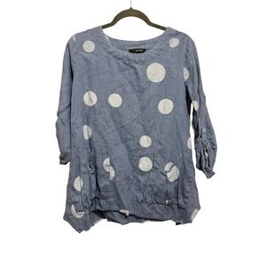 Ali Miles Tunic Top Womens Small Blue Polka Dot 100% Linen 3/4 Roll Tab Sleeve